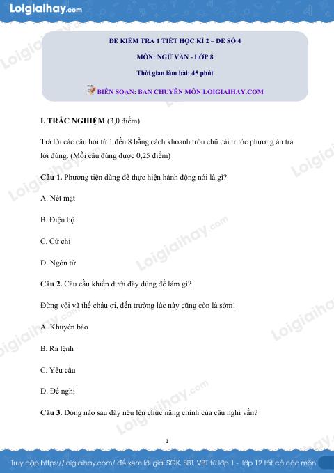 Đề kiểm tra 1 tiết Văn 8 - Đề số 4